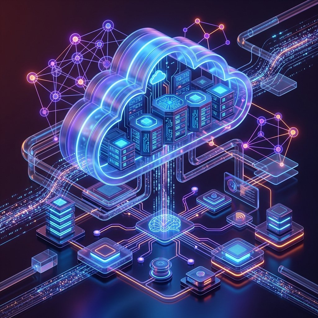 Cloud computing with AI training illustration showing servers, AI network nodes and cloud icons